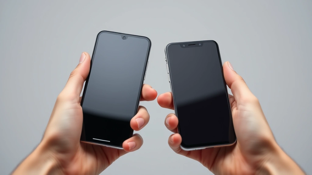 Close-up of hands comparing two smartphones side by side, displaying different screen technologies and bezels, neutral background with professional lighting