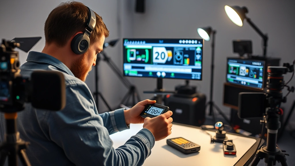 Tech reviewer testing gadget performance with measurement tools and displays in well-lit studio environment, showing genuine product evaluation process