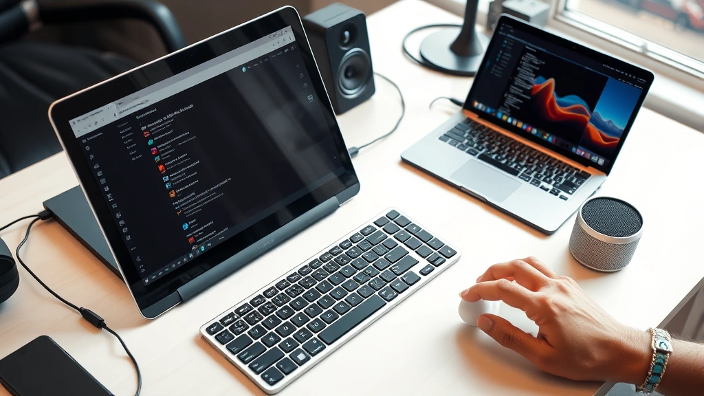 Tech enthusiast workspace featuring multiple gadgets in use simultaneously: laptop, tablet, wireless keyboard, portable speakers arranged on clean desk with natural lighting