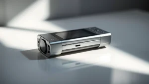 Premium tech gadget photographed on clean white surface with dramatic side lighting, showing metallic and glass materials, shallow depth of field, professional product photography style