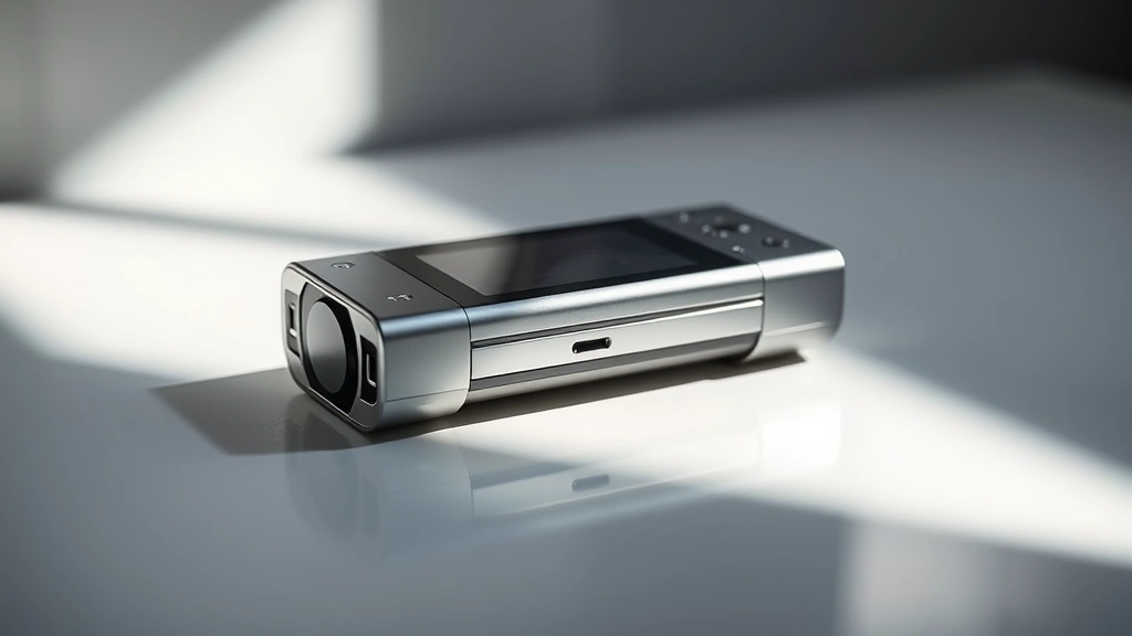 Premium tech gadget photographed on clean white surface with dramatic side lighting, showing metallic and glass materials, shallow depth of field, professional product photography style