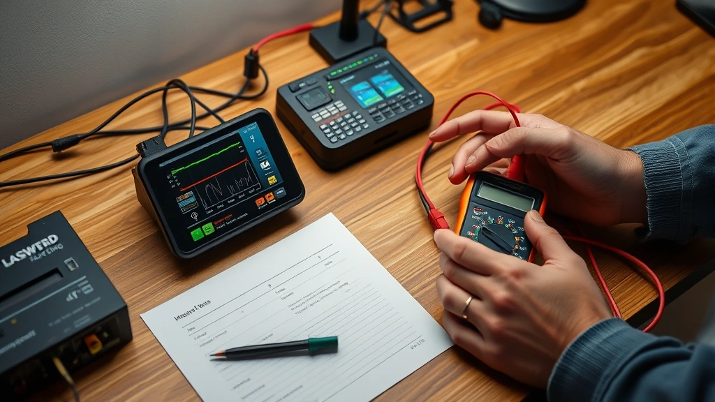 Tech reviewer testing device battery life with multimeter and performance monitoring equipment on wooden desk