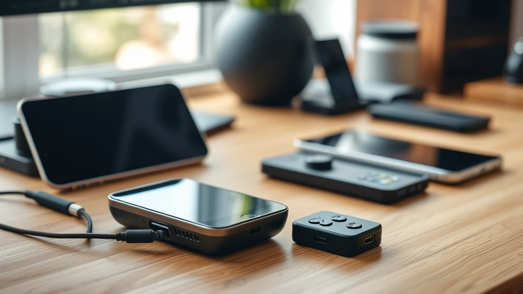 Gadget in everyday use scenario on wooden desk with soft natural light, surrounded by complementary tech accessories, lifestyle tech photography