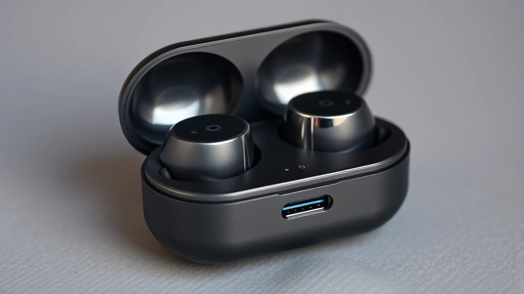 Close-up of wireless earbud charging case with glossy finish, metallic accents, and USB-C port visible, isolated on soft gray background with subtle shadow