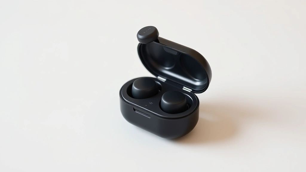 Wireless earbuds in charging case with USB-C connector, realistic product photography on neutral background