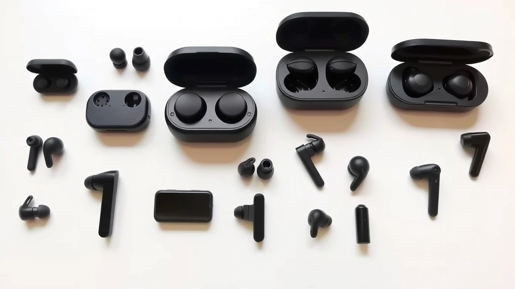 Multiple wireless earbud models arranged side by side on clean white surface, showing size and design variety
