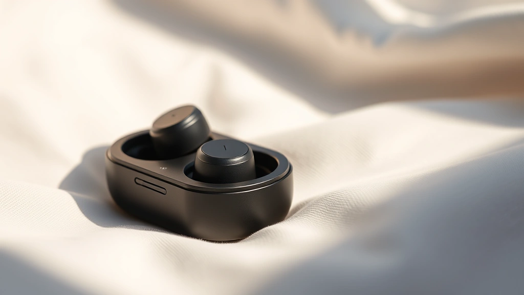 Close-up of premium wireless earbuds with matte black finish and metallic accents, sitting on soft white fabric with dramatic side lighting showing the design details and charging case