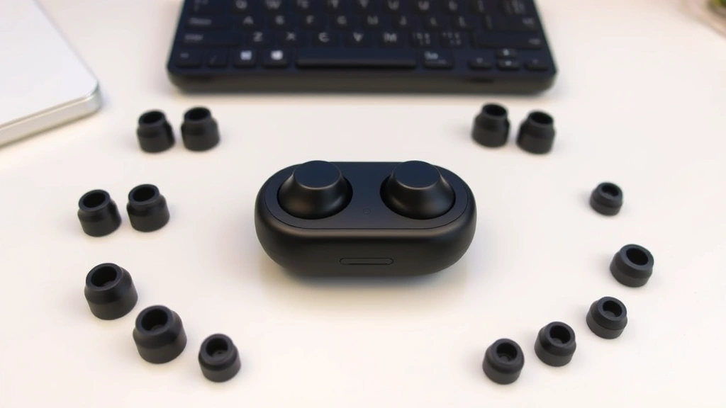 Flat-lay photography of wireless earbuds with multiple ear tip sizes arranged around them, showing silicone and foam variants in different sizes on a clean tech desk background