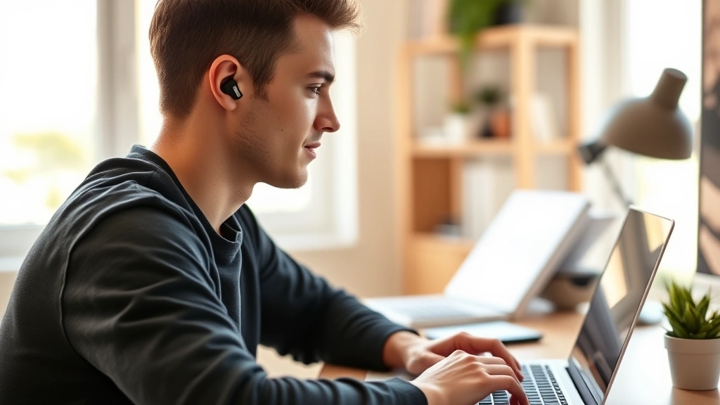 Person wearing wireless earbuds while working at laptop at home office desk, side profile showing comfortable fit and design, warm natural lighting through window, peaceful focused expression