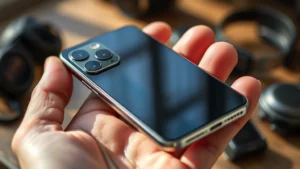 Close-up of premium smartphone in hand showing metal frame and glass back, natural lighting, shallow depth of field, tech accessories blurred in background