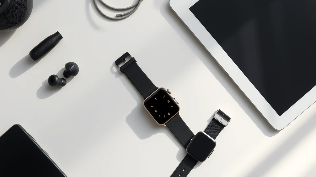 Flat lay of multiple tech gadgets including wireless earbuds, smartwatch, and tablet arranged on minimalist desk surface with soft shadows