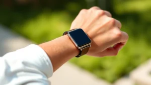 Close-up of someone's hands holding a smartphone and smartwatch together, showing ecosystem integration and compatibility, modern tech gadgets in natural lighting