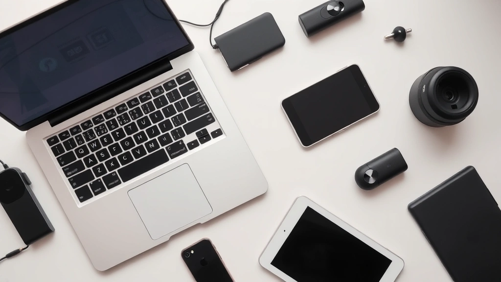 Flat lay overhead shot of various tech gadgets including earbuds, laptop, tablet, and phone arranged to show ecosystem connectivity and modern device collection