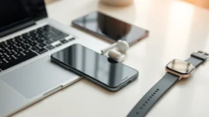 Close-up of modern tech gadgets on a minimalist desk: smartphone, laptop, wireless earbuds, smartwatch arranged artfully with soft natural lighting
