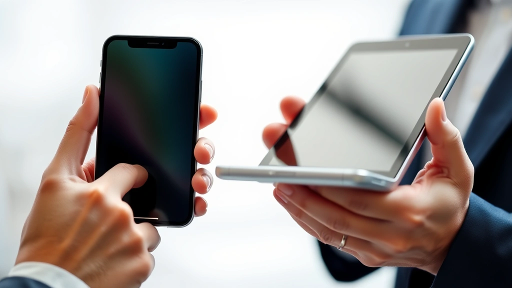 Person's hands holding and examining a sleek smartphone and tablet side by side, studying the screens and build quality carefully