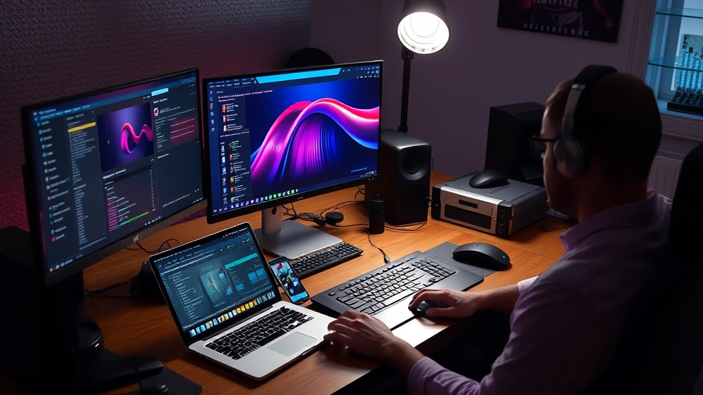 Tech enthusiast workspace showing multiple devices in use simultaneously: laptop, phone, external monitor, keyboard setup with professional lighting