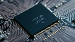 Close-up of smartphone processor chip with intricate silicon circuitry details, photorealistic macro photography, tech hardware component, no labels or text visible