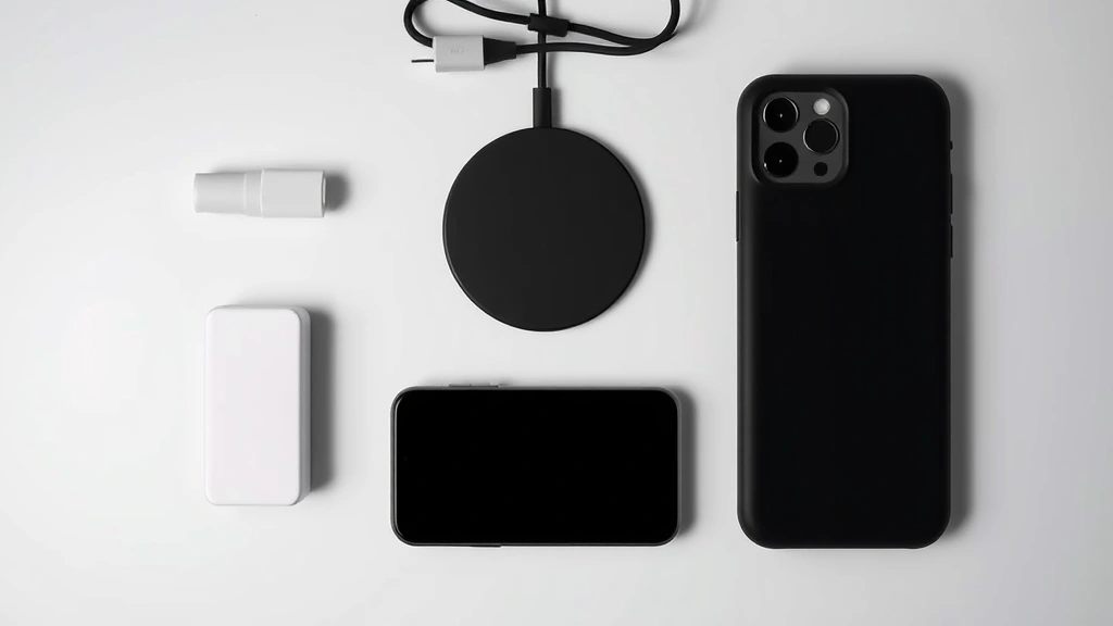 Device surrounded by compatible accessories including charger, wireless charging pad, and protective case, arranged in organized flat lay composition, studio lighting