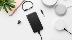 Flat lay of modern tech gadgets including wireless earbuds, portable battery pack, USB-C cables, and smart home device on minimalist white surface