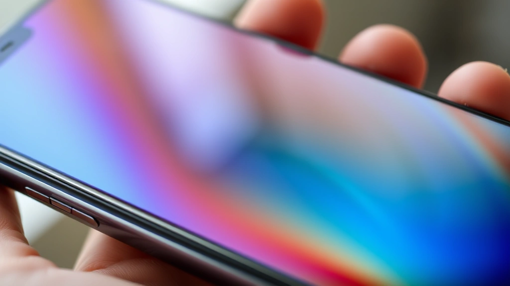 Close-up of smartphone display showing vibrant colors and smooth scrolling animation, held in hand with natural lighting showing screen quality and bezels