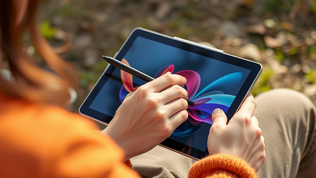 Person using tablet for creative work with stylus, showing display brightness, color accuracy, and practical everyday usage in natural environment