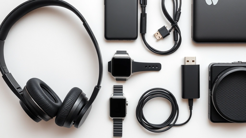 Flat lay of various tech gadgets arranged neatly - headphones, smartwatch, USB cables, charger - showing different materials and build quality, natural lighting from above