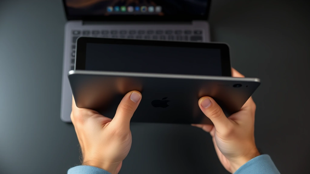 Person's hands holding and examining a tablet or laptop, demonstrating durability testing, showing device thickness and build materials, professional tech review setup