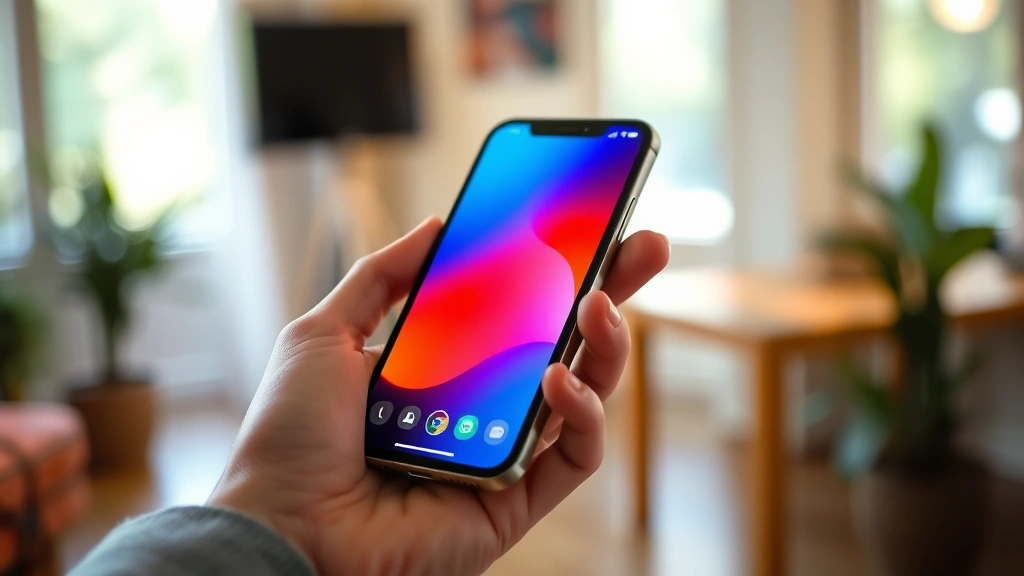 Close-up of someone's hand holding a smartphone with vibrant display, showing genuine use scenario in natural indoor environment with warm lighting