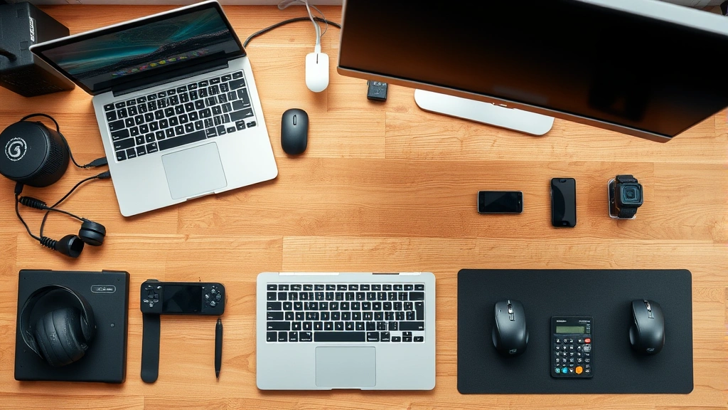 Organized tech workspace desk setup featuring laptop, external monitor, wireless keyboard, mouse, and various gadgets arranged neatly on wooden surface
