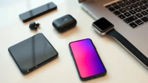 Close-up of premium tech gadgets arranged on a clean desk: smartphone, wireless earbuds, smartwatch, and laptop showing realistic materials and textures