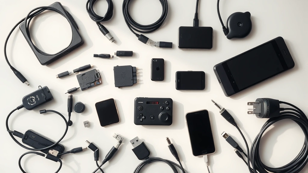 Overhead flat lay of various electronic devices and tech accessories in natural lighting: cables, chargers, small gadgets, and components showing real product details