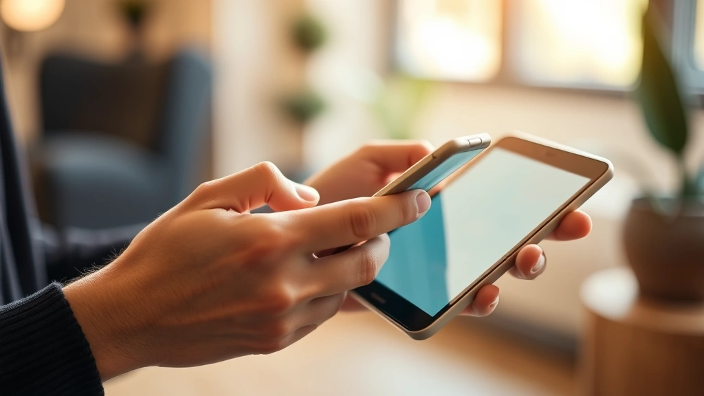 Person's hands holding and examining a smartphone or tablet device, showing genuine interaction with technology in natural indoor lighting with warm tones