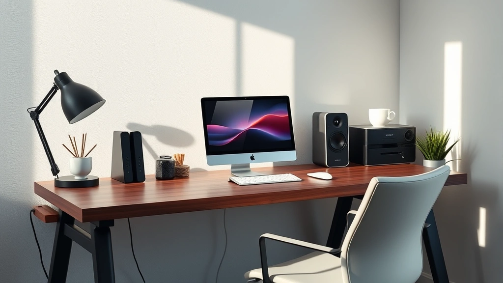 Modern minimalist tech workspace with device on wooden desk, soft natural lighting, clean aesthetic environment