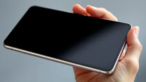 Premium smartphone or tablet displaying metallic finish and curved edges, held in hand showing ergonomic design and material quality