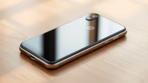 Modern smartphone with premium aluminum frame and glass back, lying on minimalist wooden surface with soft natural lighting, showcasing sleek design and premium materials