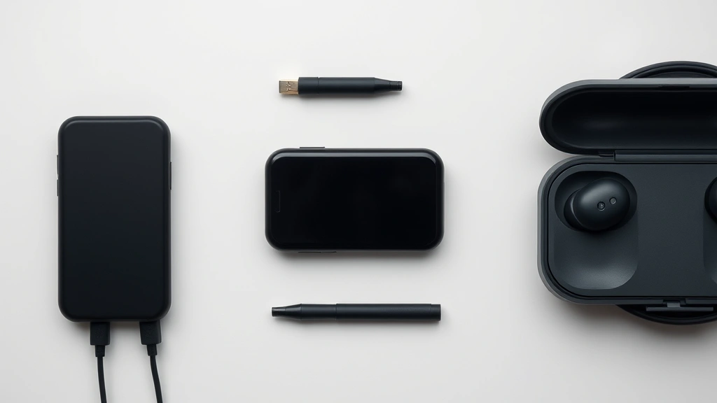 Flat lay arrangement of tech device with matching accessories like charging cable and wireless earbud case on minimalist background