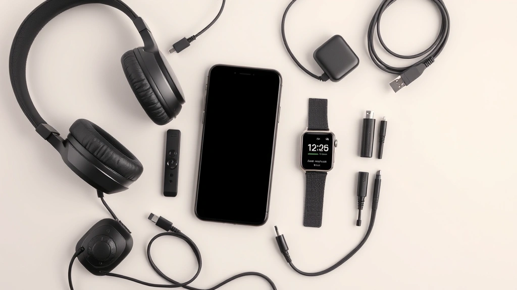 Flat lay arrangement of tech gadgets including headphones, smartwatch, and smartphone with various cables and accessories on neutral background, demonstrating ecosystem compatibility