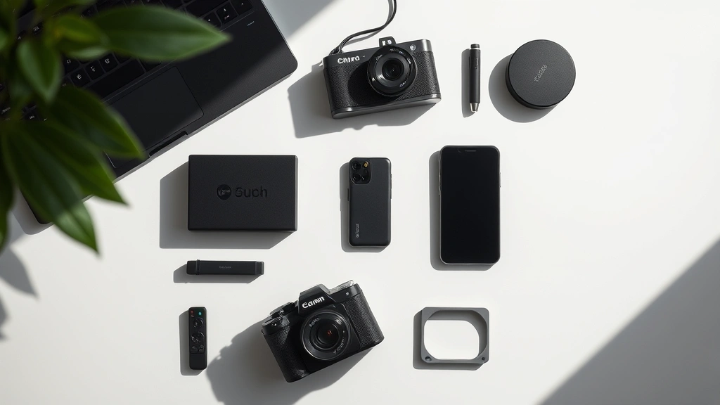 Flat lay arrangement of tech accessories and device components on minimalist surface, professional product photography style, clean composition with dramatic shadows