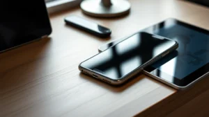 Close-up of modern smartphone and tablet displaying smooth interface transition, minimalist desk setup with natural lighting, tech gadgets in focus