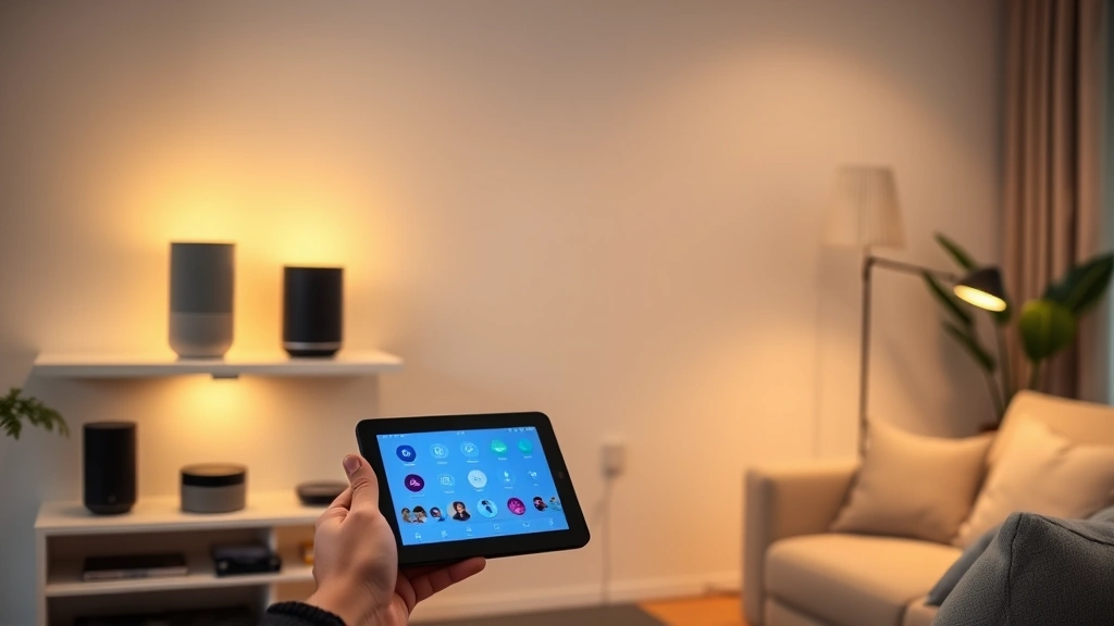 Modern living room with multiple smart speakers on shelves, ambient lighting, and a tablet showing smart home app interface in soft warm lighting