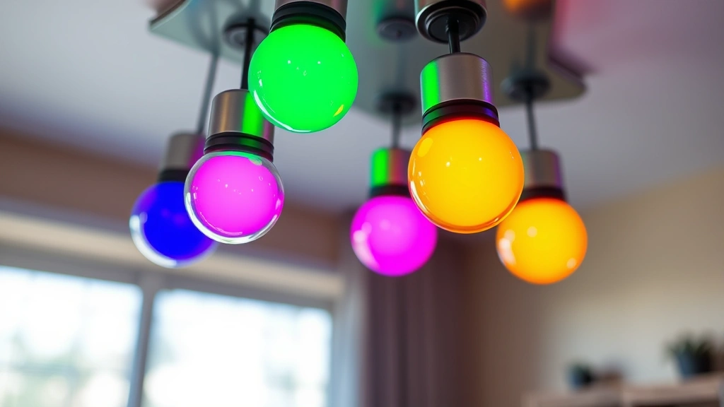 Close-up of smart LED bulbs in various colors glowing in a ceiling fixture with blurred home interior background