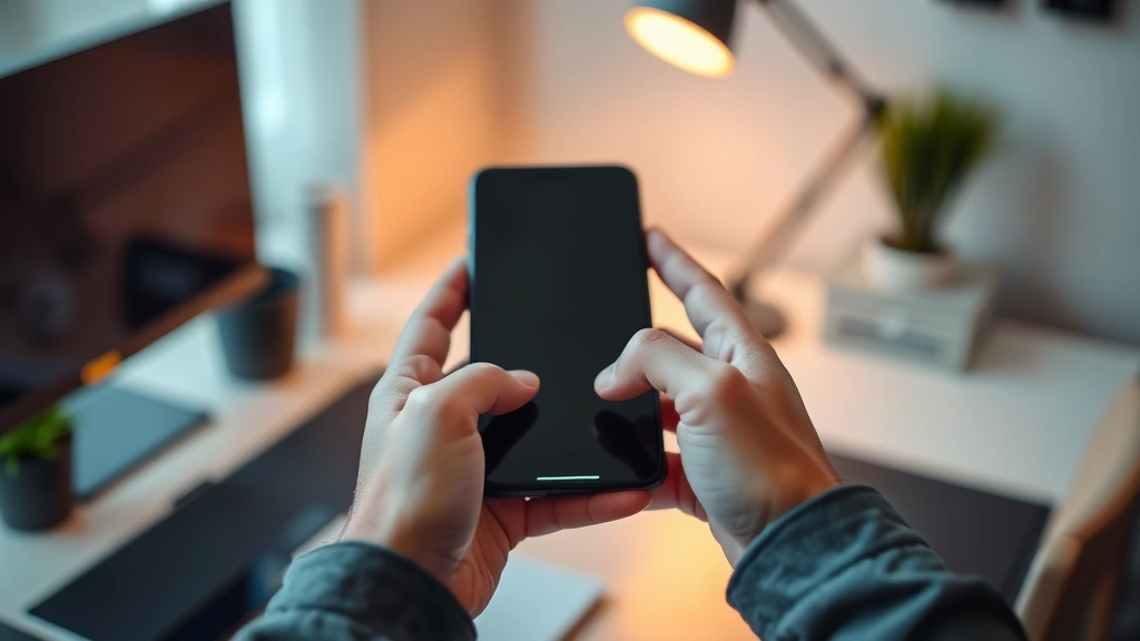 Close-up shot of hands holding a smartphone with a minimalist tech workspace blurred in background, warm desk lamp lighting, modern aesthetic, no logos or text
