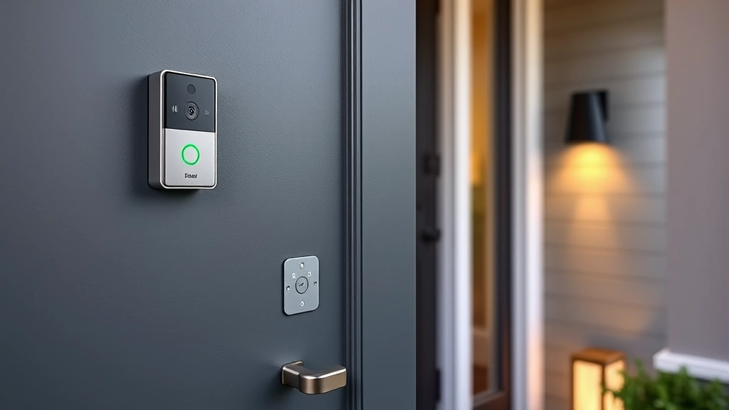 Sleek video doorbell mounted on contemporary front door with package visible on doorstep, daytime outdoor lighting