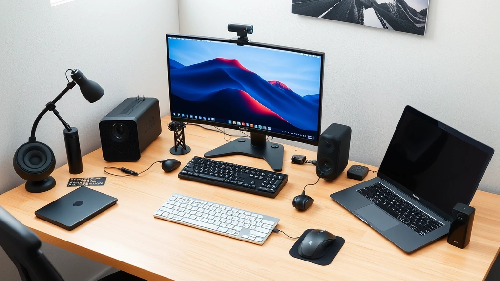 Organized desk setup with multiple tech gadgets properly arranged: monitor, laptop, keyboard, mouse, charging dock, and accessories in a clean, functional workspace, natural daylight