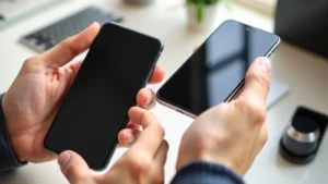 Close-up of hands comparing two modern smartphones side by side, showing different screen sizes and bezels, natural lighting on desk