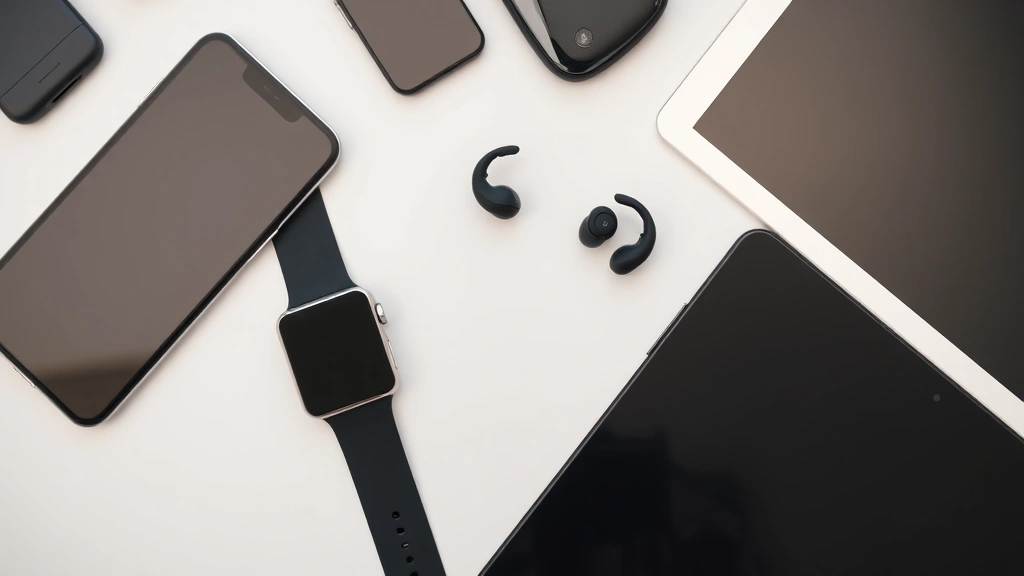Flat lay of tech ecosystem: smartphone, smartwatch, wireless earbuds, and tablet arranged together showing connectivity