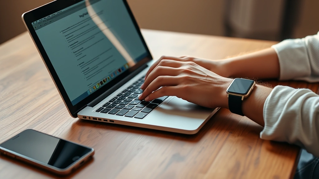Person using laptop at wooden desk with smartphone nearby and smartwatch visible on wrist, warm natural lighting