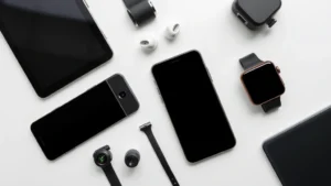 Flat lay of various tech gadgets including smartphone, earbuds, tablet, and smartwatch arranged on a clean white surface with subtle shadows, professional product photography style