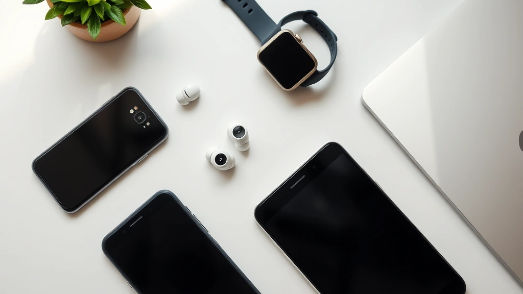Flat lay of modern tech gadgets including smartphone, wireless earbuds, smartwatch, and laptop arranged artfully on a clean desk with soft natural lighting