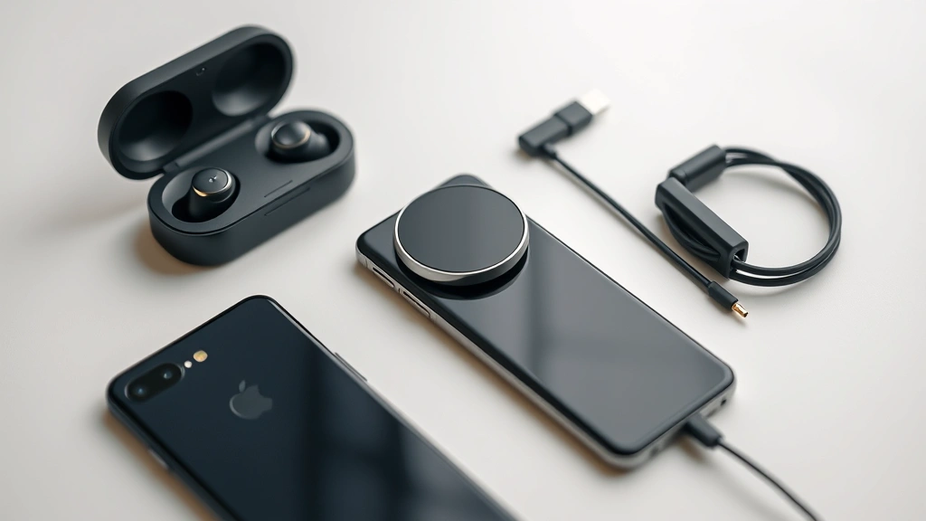 Collection of modern tech gadgets arranged artfully: wireless earbuds, smartwatch, smartphone, and cables on minimalist surface with shallow depth of field